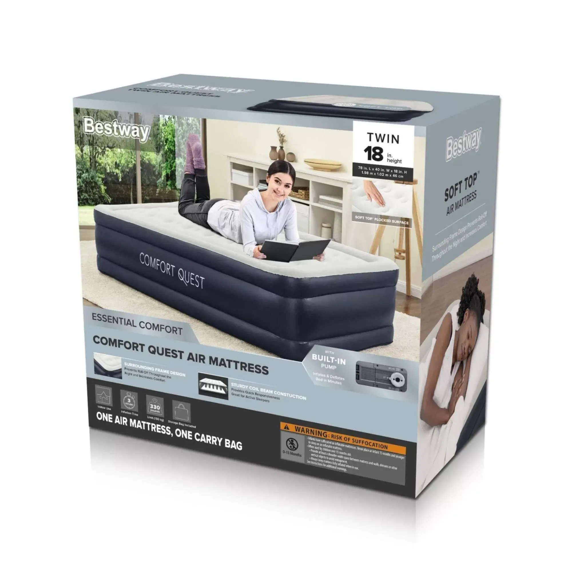 Bestway Indoor Air Mattresses< Essential Comfort Air Mattress Twin 18" With Built-In Ac Pump And Antimicrobial Coating