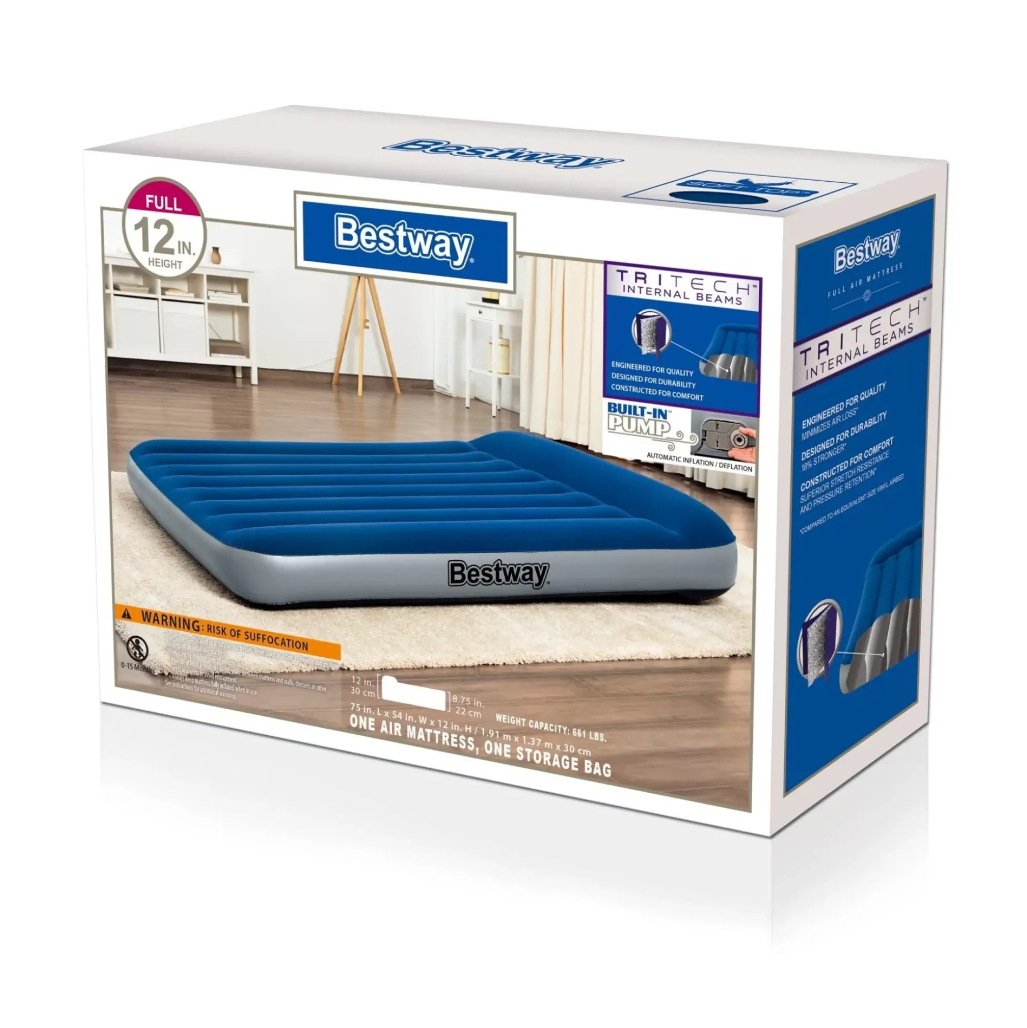 Bestway Indoor Air Mattresses< Tritech Air Mattress Full 12" With Built-In Ac Pump And Antimicrobial Coating