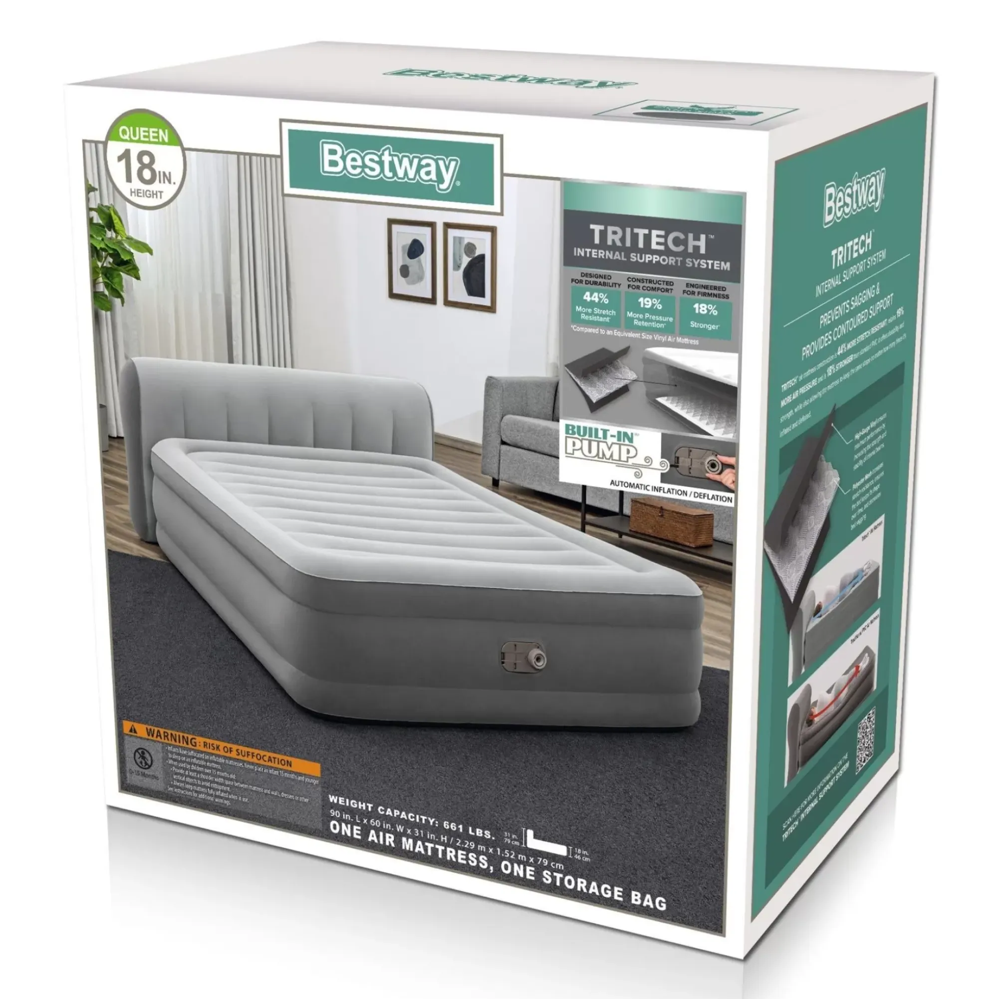 Bestway Indoor Air Mattresses< Tritech Air Mattress Queen 18" With Headboard, Built-In Ac Pump And Antimicrobial Coating