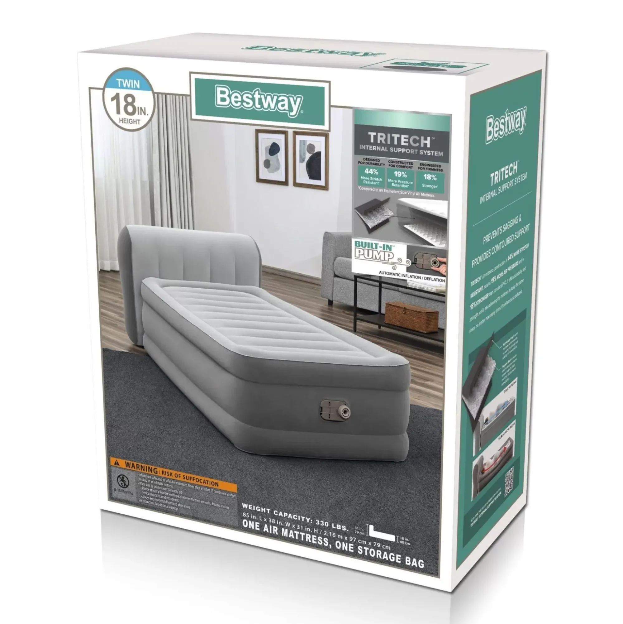 Bestway Indoor Air Mattresses< Tritech Air Mattress Twin 18" With Headboard, Built-In Ac Pump And Antimicrobial Coating