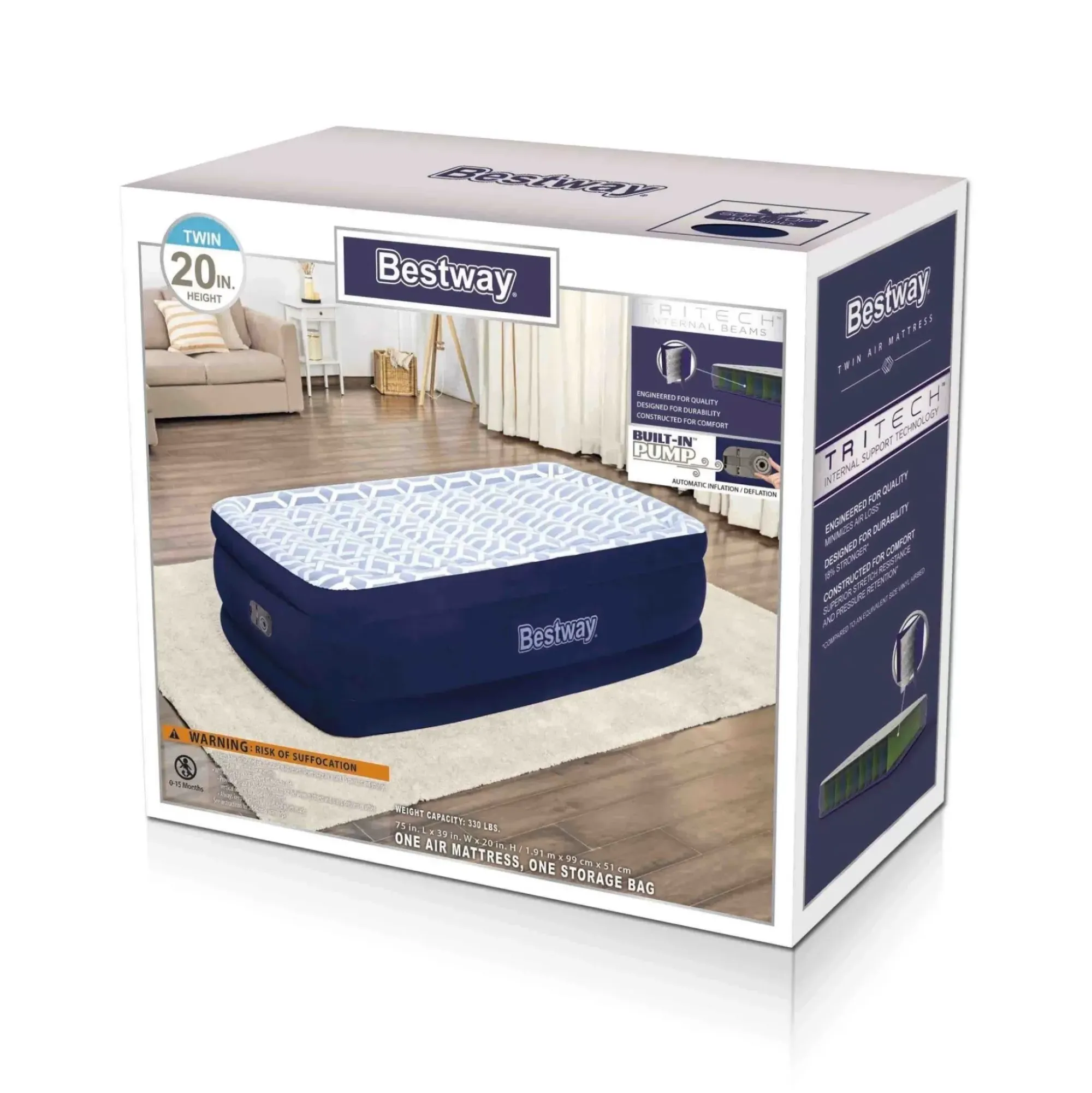 Bestway Indoor Air Mattresses< Tritech Fashion Flock Air Mattress Twin 20" With Built-In Ac Pump And Antimicrobial Coating