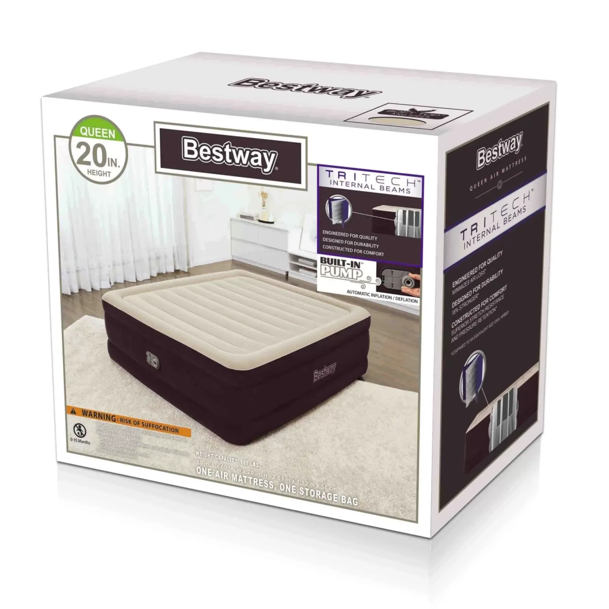 Bestway Indoor Air Mattresses< Tritech Fashion Flock Air Mattress Queen 20" With Built-In Ac Pump And Antimicrobial Coating