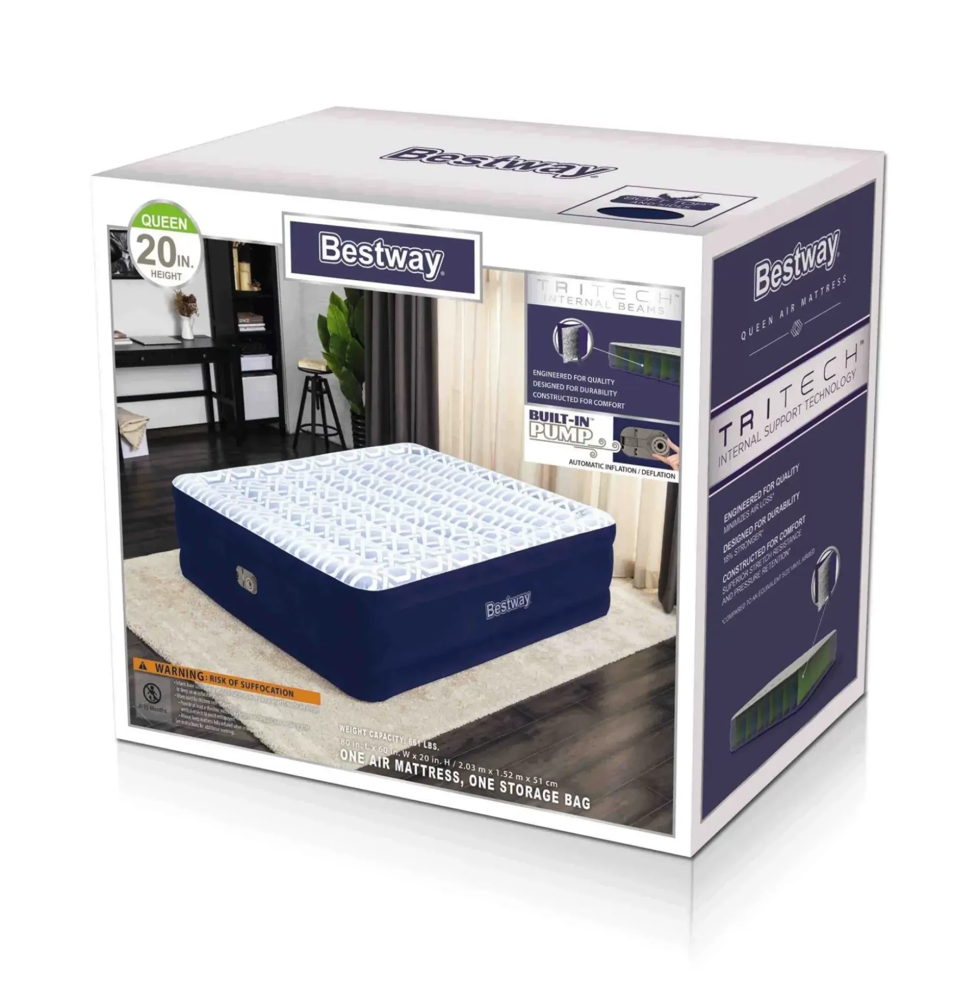 Bestway Indoor Air Mattresses< Tritech Fashion Flock Air Mattress Queen 20" With Built-In Ac Pump And Antimicrobial Coating