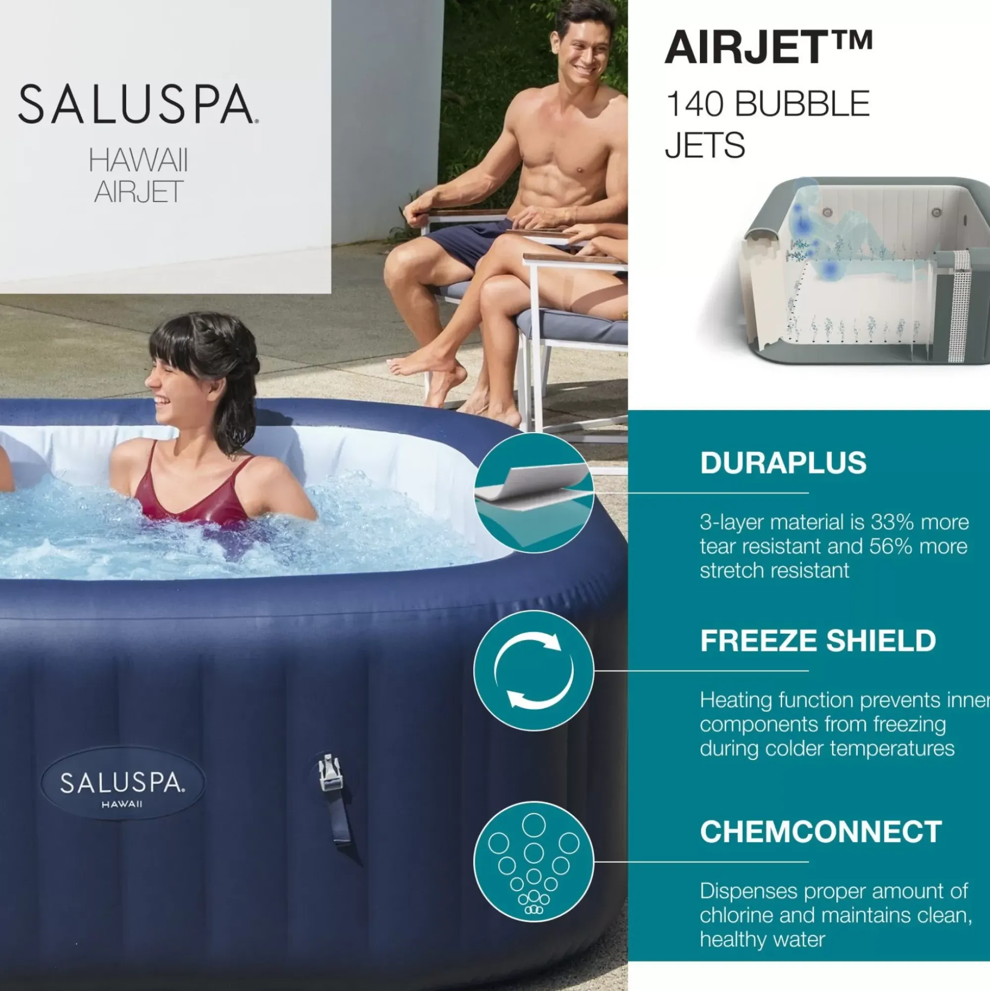 Bestway Airjet<Saluspa Hawaii Airjet Inflatable Hot Tub Spa 4-6 Person