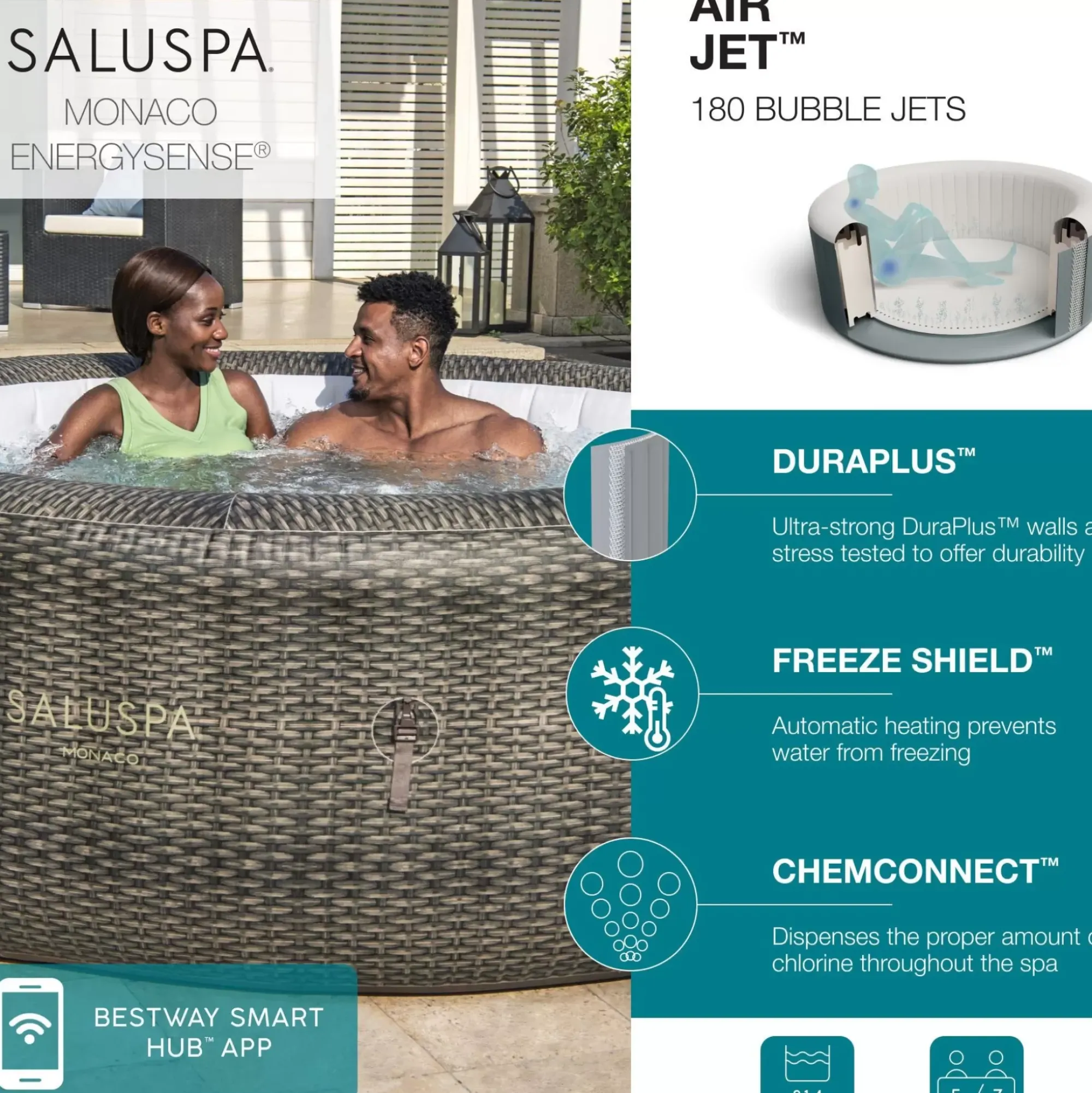 Bestway Airjet<Saluspa Monaco Energysense Smart Signature Airjet Inflatable Hot Tub With App-Control 5-7 Person